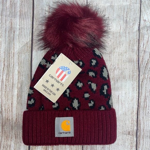 Leopard Beanie Toboggan Pom Pom Maroon 